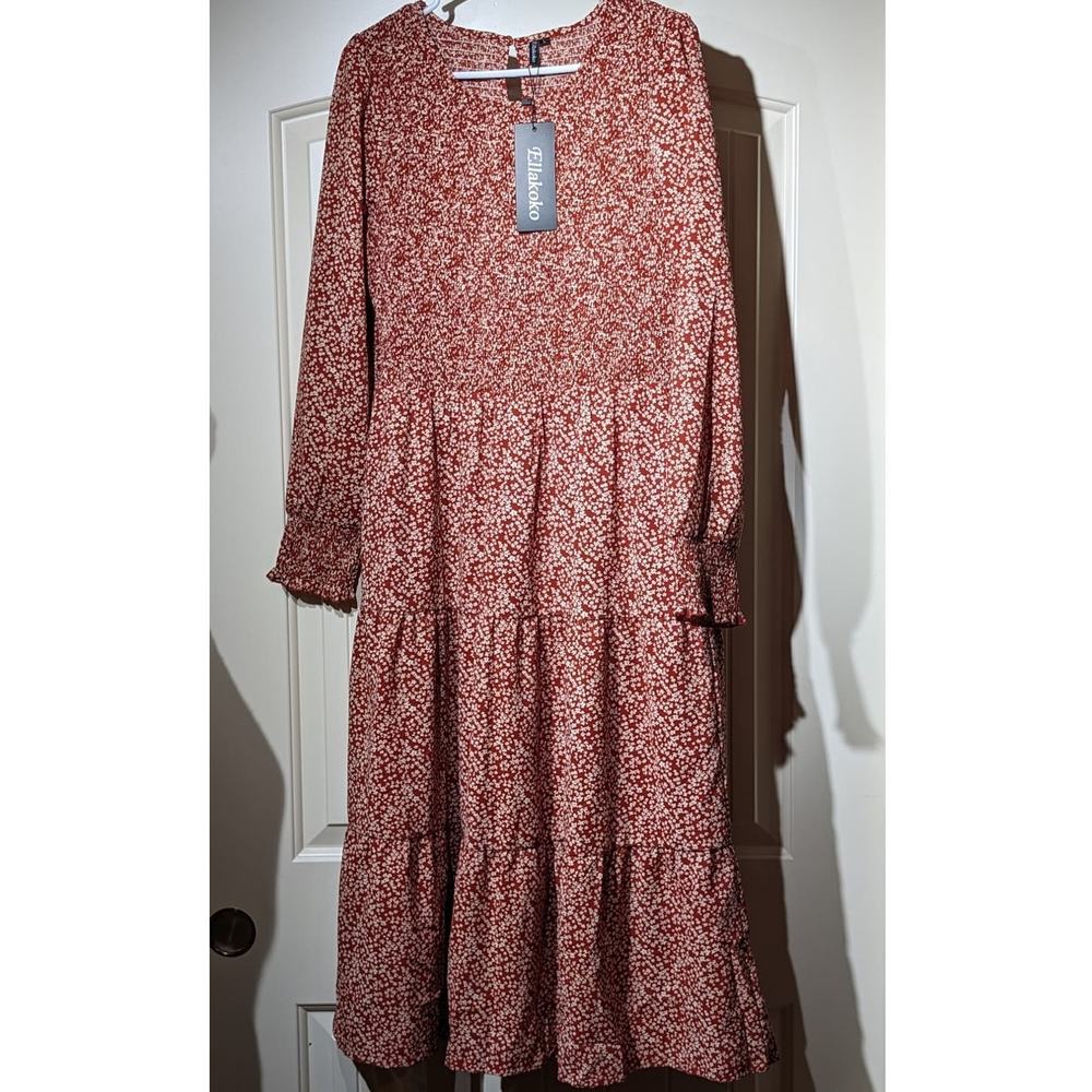 Ellakoko NWT Casual Long Sleeve Smocked Floral Modest Boho Tiered Dress Sz L